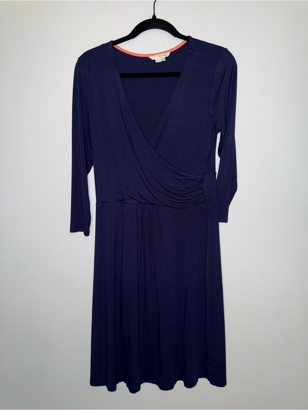 Boden Navy Wrap-Style Long Sleeve Dress with Coral Trim